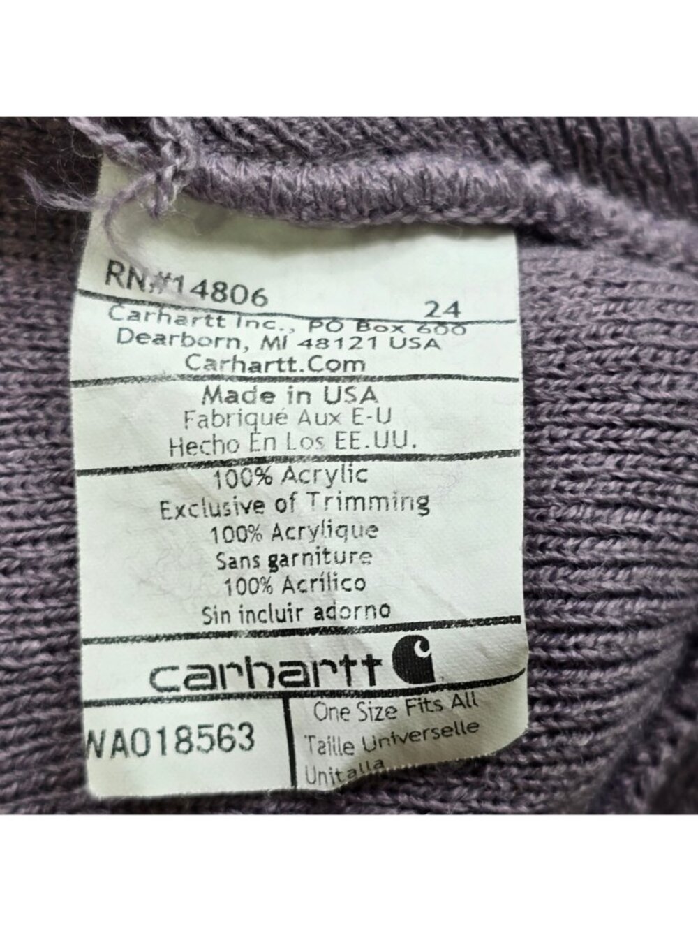 Carhartt One Size Unisex Beanie Purple Lavender Knit Hat Made In The USA - Picture 2 of 2
